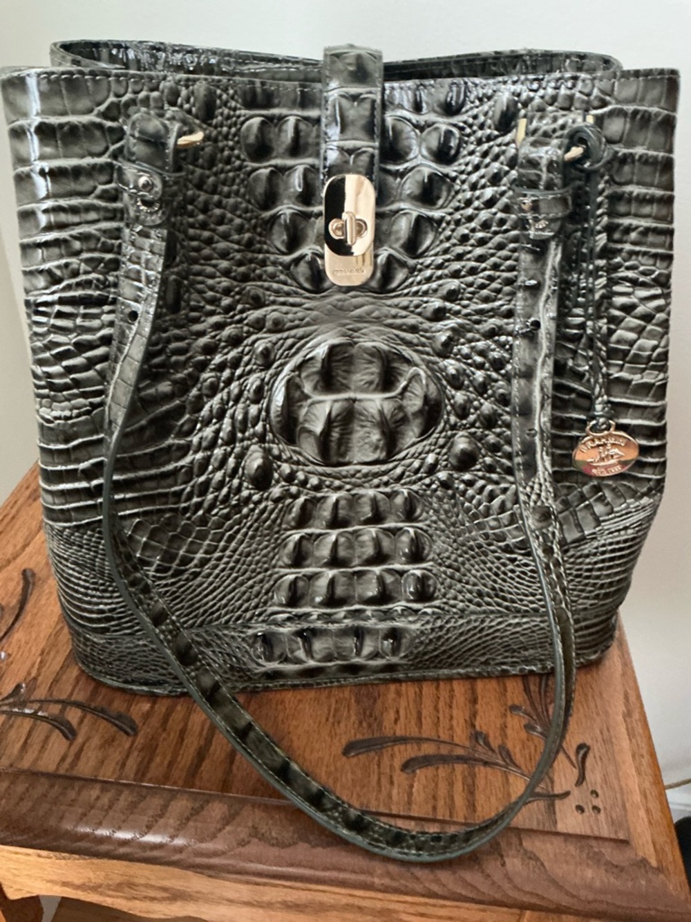 Brahmin Hunter Green Croc-Embossed Melbourne Bucket Bag, Gold Accents, dust bag